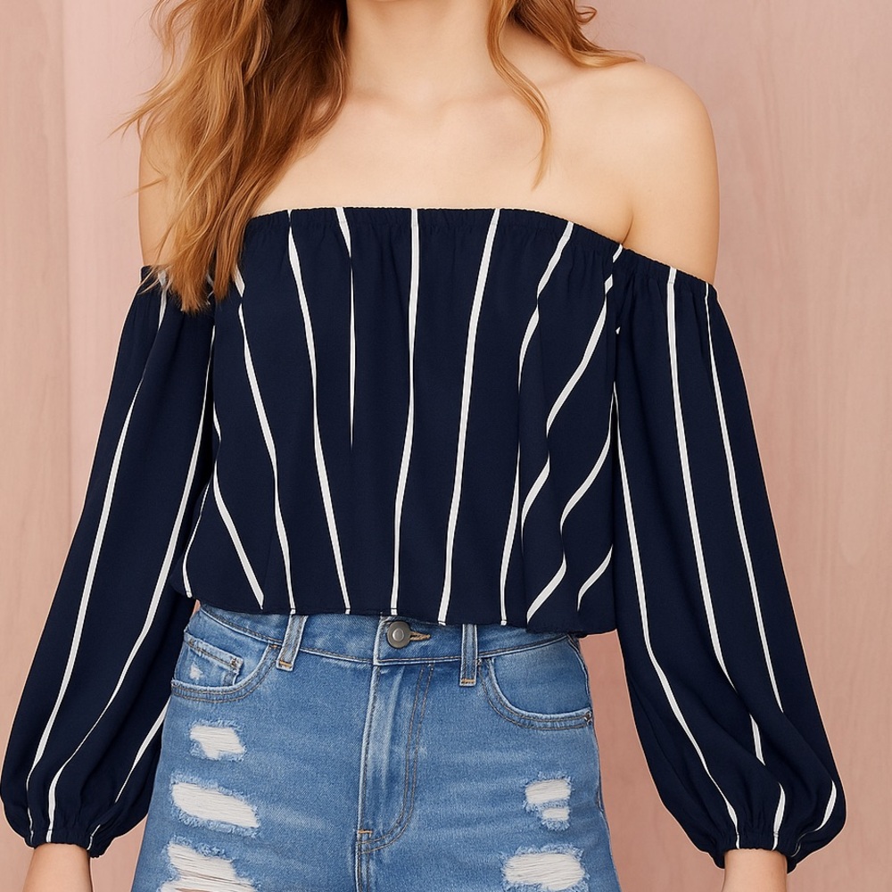 Faithfull the Brand Striped Navy/White Off-Shoulder Crop Top